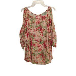 Easel 3/4 Sleeve Open Shoulder Size Large Green Floral Bird Butterfly Blouse
